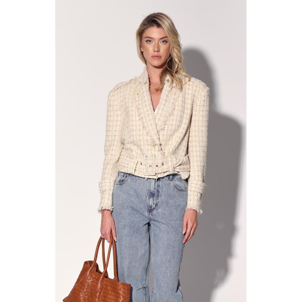 Walter Baker Vincenza Tweed Jacket Cream Off-White Belted Frayed Blazer Size S/M